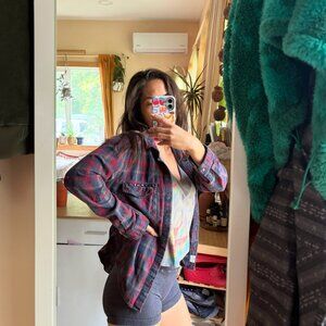 Garage Brand Womens M Flannel Shirt Blue Grey Red